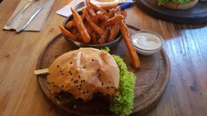 Bacon and cheese burger with sweet potato fries at Souls in Copenhagen