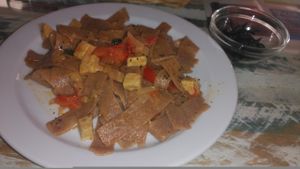 Pasta fresca integral with cherry tomato , onion , pepper and algas. at Fuori di Zucca in Tenerife