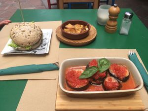 Aubergine in a tomato sauce and hamburger  at Fuori di Zucca in Tenerife