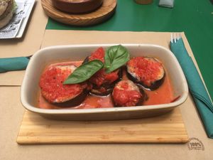 Aubergine in a tomato sauce  at Fuori di Zucca in Tenerife