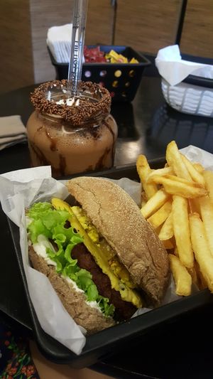 burger and vegan milkshake at Salad Days in Sao Paulo