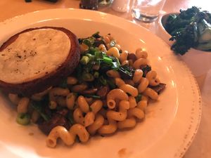 Creamy pasta with shrooms and spinach...side of broccolini and cheesy toast  at Hops and Fire in Greenwood