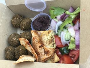 Greek falafel box at FalafeLand in Santorini