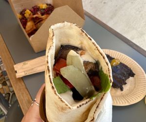 Falafel wrap & a vegan brownie  at FalafeLand in Santorini