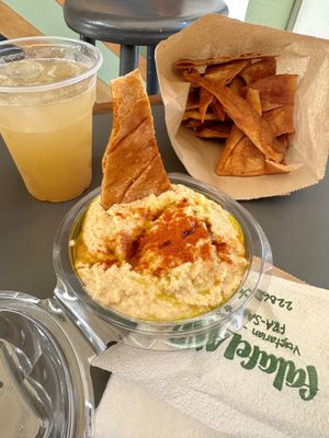 Hummus w/ homemade pita & fresh squeezed lemonade   at FalafeLand in Santorini