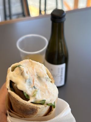 Mushroom gyros and bio wine   at FalafeLand in Santorini