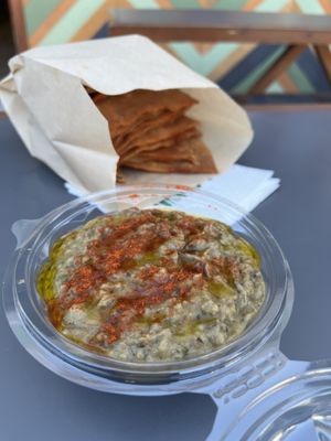 Baba ghanoush and pita  at FalafeLand in Santorini