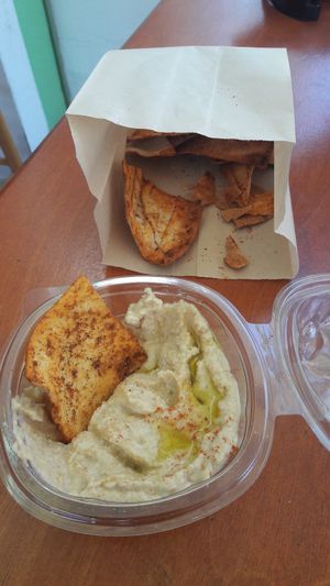 Hummus with pitta chips!! at FalafeLand in Santorini