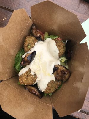 House Falafel into a box - gluten free version at FalafeLand in Santorini