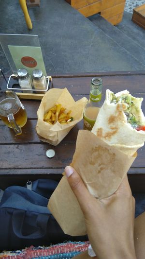 Falafel wrap and French fries at FalafeLand in Santorini