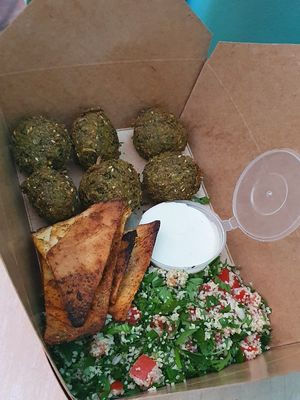 Falafel Box with Tahini Sauce and Tabouleh  at FalafeLand in Santorini