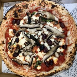 Vegan margherita with added mushroom and olives   at The Porter Pizza Company in Sheffield