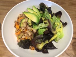 Quinoa with vegetables and beans. Salad with avocado and sour cream at The Beginnings - Kr.Barona Iela in Riga