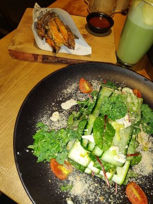 veg lasagna, small sweet potato fries with matcha frappucino at The Beginnings - Kr.Barona Iela in Riga