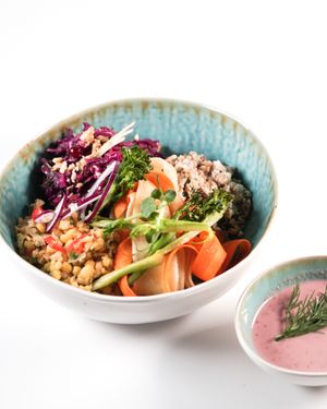 Nordic bowl with split peas, buckwheat, red cabbage salad, carrots and horseradish sauce. at The Beginnings - Kr.Barona Iela in Riga