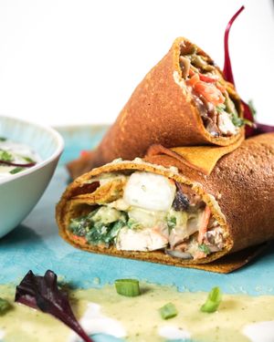 Middle Eastern wrap with wakame, tofu, carrots, tzatziki and horseradish sauce.  at The Beginnings - Kr.Barona Iela in Riga