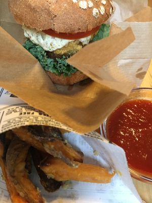 Falafel burger and sweet potato fries at The Beginnings - Kr.Barona Iela in Riga