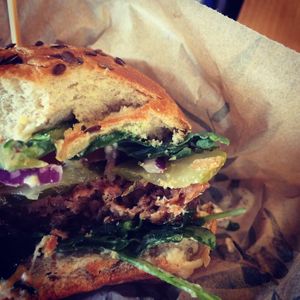 Beyond meat burger - inside  at The Beginnings - Kr.Barona Iela in Riga