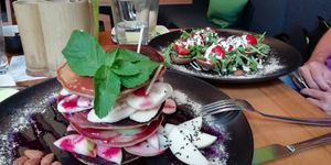The sweet buckwheat pancakes and cherry tomato bruschette at The Beginnings - Kr.Barona Iela in Riga