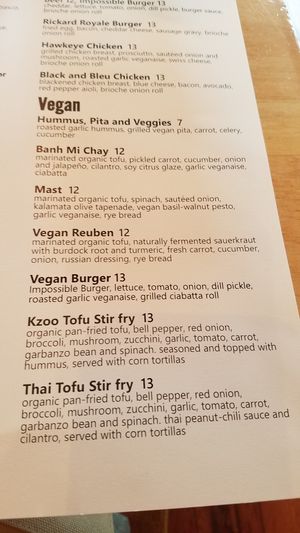Whole vegan section on the menu at Crow's Nest in Kalamazoo