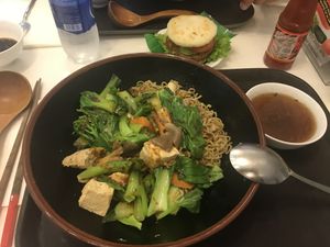 Build your own noodles w/ veggies and mockmeats, vegan rice burger  at Healthy Farm - Tran Hung Dao District 1 in Ho Chi Minh City
