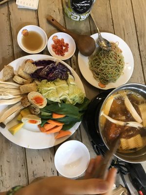 Amazing hot pot with lots of vegan meats and vegan egg at Healthy Farm - Tran Hung Dao District 1 in Ho Chi Minh City