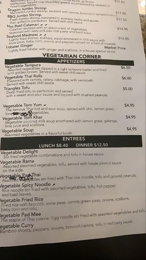 Veggie part of the menu  at The Thai Place in Sturbridge