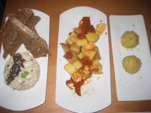 Aubergine pate, patatas bravas and croquettes at El Maderal in Barcelona