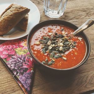 Chickpea tomato soup with roasted seeds at Cafe & Bakery Mimosa in Tampere