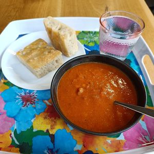 Tomato and chickpea soup with focaccia. at Cafe & Bakery Mimosa in Tampere