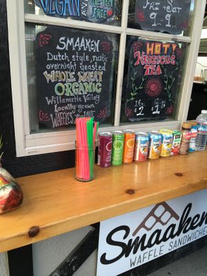 Sign at truck at Smaaken Waffle Sandwiches - Food Truck in Portland