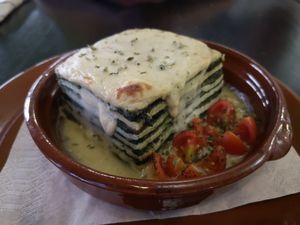 Vegan lasagne (labelled as veggie lasagna on English menu) at Restaurante El Jardin in San Jose