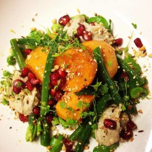 Sweet potato, green & broad beans, babaganoush, pommegranite, olive dressing, dukkah at Distill in Glasgow
