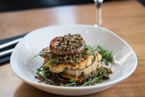 Butternut Squash Stack with Sweet Potato, Cauliflower and puy lentils at Distill in Glasgow