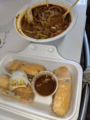 Vegan pho saté 10/10 as usual, veggie salad rolls were bland and mostly noodles 6/10. at Dang Good Vietnamese Restaurant in Edmonton