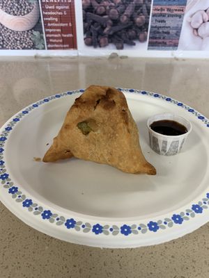 Samosa with fruit chutney  at Veg-In YYC Re-Planted in Calgary