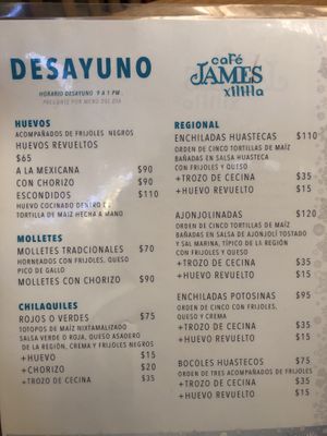Menu at Cafe James Xilitla in Xilitla