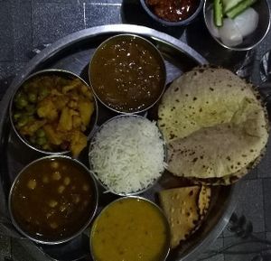 Thali set (vegan version) at New Satkar Vegetarian Restaurant in Kathmandu