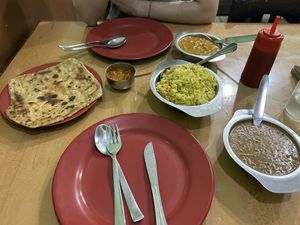 Black and yellow bean dals (black bean dal is our favorite)  at New Satkar Vegetarian Restaurant in Kathmandu