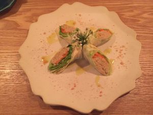 my favourite: the hummus wrapped in yuba (sheets of soy milk skin) with some gomasio I think. a real treat!  at Ukishima Garden in Kyoto