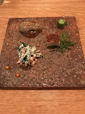 One of three tapas of the course meal. at Ukishima Garden in Kyoto