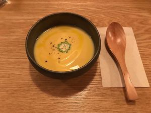 Pumpkin soup, served cold. Very good. at Ukishima Garden in Kyoto