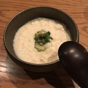 Home made tofu and okra at Ukishima Garden in Kyoto