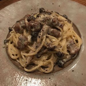 Mushroom pasta at Ukishima Garden in Kyoto