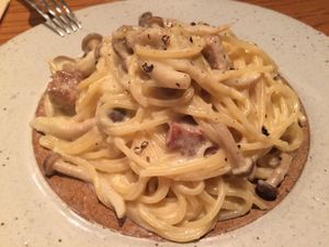 Pasta carbonara. Really tasty. Oct. 2017 at Ukishima Garden in Kyoto