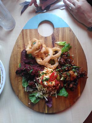 The Beast, ribs, onions rings, sticky chilli cauliflower and cheesy dirty fries at Voltaire in Bangor