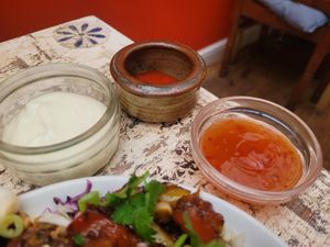 Mayonnaise, Hot Chilli and Sweet Chilli at Voltaire in Bangor