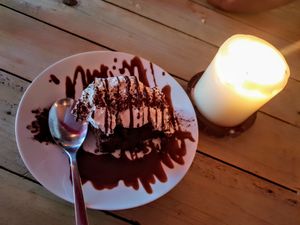 Chocolate brownie. Melt in the mouth! at Voltaire in Bangor