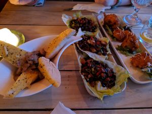 Creamy garlic mushrooms and garlic bread, hoisin lettuce wrap & Jamaican Cauliflower bites 🤤 at Voltaire in Bangor