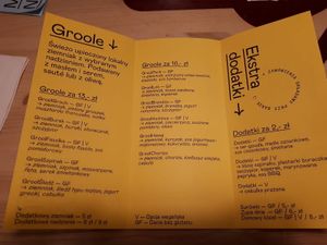 Menu at Groole in Warsaw